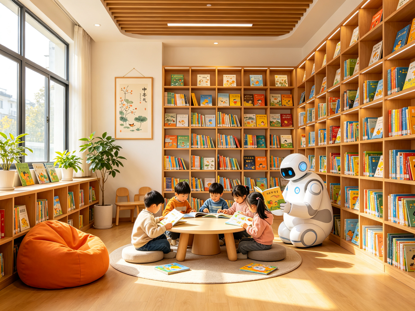 飞行季阅读生活馆：原木书架环绕的亲子阅读空间，伴读机器人与孩子共读