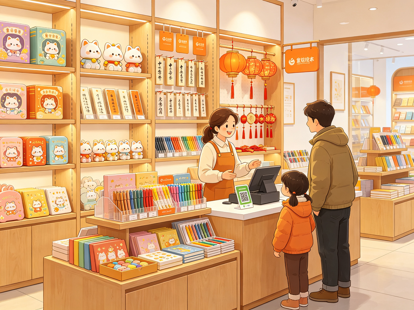 季节之翼文创展销空间：文创商品展架与亲子顾客